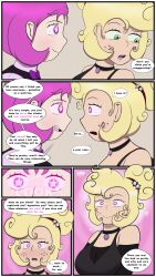 blonde_hair comic female_only femdom femsub forced_employee hypnotic_eyes m00n_key maid pink_eyes pink_hair symbol_in_eyes