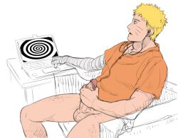 aizenhower blonde_hair blue_eyes bottomless computer diplo_song_(manipper) earbuds erection headphones hypnotic_screen laptop male_only malesub manip masturbation naruto_(series) naruto_uzumaki open_mouth penis simple_background sitting solo spiral tech_control