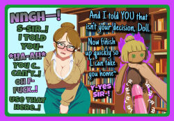 ai_art bangs cleavage clothed english_text erect_nipples erect_nipples_under_clothes femsub glasses green_eyes hair_bun humiliation hypnofantasy_(generator) instant_loss librarian lip_biting lipstick maledom masturbation resisting skirt sweater text unhappy_trance vibrator voodoo_doll