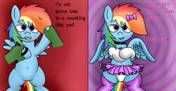  animals_only artist_request before_and_after dress femsub furry my_little_pony rainbow_dash tech_control text 
