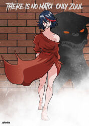  bare_shoulders barefoot black_hair breasts corruption cosplay crossover demon dress english_text fangs femsub ghostbusters glowing glowing_eyes jasones3 kill_la_kill large_breasts looking_at_viewer multicolored_hair possession red_eyes red_hair ryuuko_matoi sharp_teeth short_hair text zuul 