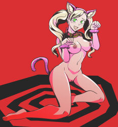  ann_takamaki blonde_hair blush bottomless breasts female_only femsub happy_trance large_breasts majinsfw nude open_mouth persona_(series) persona_5 pet_play spiral_eyes symbol_in_eyes topless 