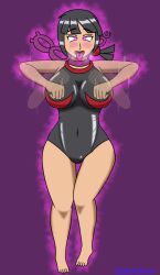 bare_legs bare_shoulders barefoot black_hair breasts chicken_pose choker drool feet femsub glowing glowing_eyes happy_trance large_breasts latex leotard mochi_dance nintendo pokemon pokemon_scarlet_and_violet ponytail short_hair tongue tongue_out usakiki zinnia
