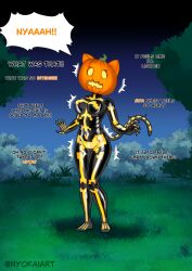  ass ass_expansion bodysuit breast_expansion breasts cat cat_girl cosplay costume femsub fortnite glowing glowing_eyes halloween nyokaiart pumpkin solo spice_(fortnite) tail transformation transgender yellow_eyes 