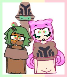 alien alien_girl androgynous_dom beheeyem border bottomless crop_top dark_skin dawn_(droolywhirlpool) drool droolywhirlpool eyebrows_visible_through_hair eyelashes face_paint femsub flat_chest green_hair green_sclera helmet hypnotic_beam large_breasts long_hair malesub midriff navel nintendo non-binary_sub open_mouth original pink_hair pokemon pokemon_(creature) pokemon_black_and_white rainbow_eyes short_hair simple_background symbol_in_eyes tank_top ujico_(droolywhirlpool) white_background