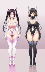 absurdres black_hair bodysuit cleavage drool female_only femsub gloves happy_trance high_school_dxd infinite_stratos large_breasts leotard long_hair navel ninai open_mouth opera_gloves orimura_chifuyu serafall_leviathan smile standing standing_at_attention tech_control thighhighs twintails