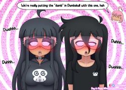  ahoge bangs black_hair blush brain_drain chibi closed_eyes collarbone drool dumbskull earrings eyebrows_visible_through_hair eyeshadow femdom femsub glasses hairpin heavy_eyelids hoodie humor hypnovember jesse_(dumbskull) long_hair looking_at_viewer makeup malesub mole mommy_(dumbskull) multiple_subs open_mouth original pink_background pink_eyes pink_hair progress_indicator shirt short_hair skull spiral spiral_background spiralwash_eyes tan_skin tech_control text tongue_piercing valerie_(dumbskull) visor 
