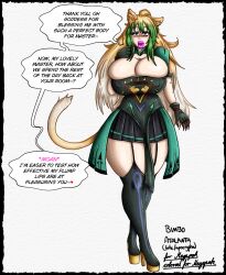  animal_ears atalanta_(fate) bimbofication blonde_hair breasts claws dialogue erect_nipples erect_nipples_under_clothes fate/apocrypha fate/grand_order fate_(series) femsub green_hair high_heels huge_breasts large_lips lion_girl multicolored_hair schinkn skirt speech_bubble tail text 