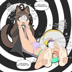 69 ahoge animal_ears bare_legs barefoot brown_hair choker clothed crop_top dazed deejay_(zombi62) drool eyebrows_visible_through_hair eyeshadow fangs feet female_only femsub foot_licking glasses hair_band hair_clips hair_covering_one_eye happy_trance hypnotized_hypnotist jacket kaede_(skecchyartist) long_hair lying open_mouth original panties shirt silver_hair sitting smile spiral_background spiralwash_eyes spread_legs stepped_on tail text tongue tongue_out zombi62