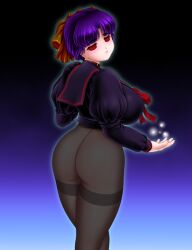  artist_request ass breasts character_request collar dazed empty_eyes female_only femsub huge_breasts magic original pantyhose purple_hair red_eyes short_hair solo 