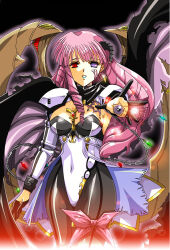 alternate_costume aura breasts cleavage corruption empty_eyes eye_color_change facial_markings femsub happy_trance heterochromia hisho horns jewelry langrisser lipstick looking_at_viewer makeup multiple_eyes navel parasite pink_hair purple_eyes red_eyes rozenciel_(langrisser) smile solo thighs very_long_hair wings