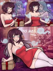 alternate_hairstyle bare_shoulders blue_eyes blue_hair breasts brown_eyes brown_hair character_request christmas cleavage clothed copyright_request costume dialogue english_text eye_color_change female_only femdom femsub ghost gift hair_growth long_hair looking_at_viewer lying night possession santa_costume santa_hat short_hair sinsapphic speech_bubble tagme text thighhighs thighs trees