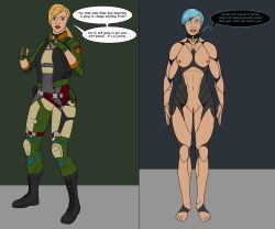 absurdres before_and_after blonde_hair blue_eyes blue_hair bottomless breasts cassie_cage clothed corruption female_only fembot femdom femsub glowing glowing_eyes happy_trance megaguardain mortal_kombat nipples nude open_mouth pussy robotization short_hair smile standing standing_at_attention text topless transformation western