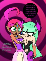 bare_shoulders bat_wings capcom cleavage collarbone crossover dark_skin darkstalkers earrings elf_ears empty_eyes english_text eyebrows_visible_through_hair eyelashes fangs female_only femdom femsub fingerless_gloves genie green_eyes green_hair groping hourglass_figure humor hypnoscream large_breasts leggings long_hair morrigan_aensland navel necklace open_mouth opera_gloves pink_hair shahra shiny_hair shiny_skin skirt smirk sonic_the_hedgehog_(series) speech_bubble spiral_background standing straight-cut_bangs succubus surprised tied_hair wide_hips