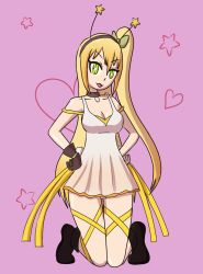  bappy_(hypnolandom) blonde_hair boots bow bra cleavage collarbone dress edna_(tales_of_zestiria) eyebrows_visible_through_hair female_only femdom femsub gloves hair_ornament hairband hand_on_hip heart kneeling large_hips long_hair mythkaz necklace open_mouth original pink_background possession ribbon side_ponytail simple_background smile solo symbol_in_eyes tales_of_(series) tales_of_zestiria very_long_hair yellow_eyes 