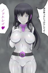  absurdres alice_gear_aegis belt black_hair blue_eyes bodysuit breasts corruption empty_eyes enemy_conversion faceless gloves huge_breasts long_hair misaki_kagome notraider opera_gloves precure see-through simple_background smile text thighs translation_request vicebossjon 