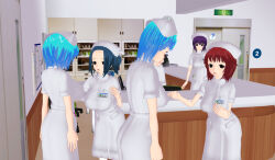 3d 3d_custom_girl blue_hair femsub hat multiple_girls nurse original parasite purple_hair red_hair