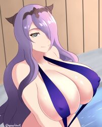 absurdres breasts camilla_(fire_emblem_fates) cleavage clothed_exposure erect_nipples female_only femsub fire_emblem fire_emblem_fates hair_covering_one_eye happy_trance huge_breasts icontrol_(manipper) long_hair looking_at_viewer manip nintendo purple_hair sling_bikini smile solo sowilo spiral_eyes symbol_in_eyes