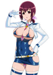  belt blush breasts brown_eyes cleavage dildo empty_eyes female_only femsub gloves hand_on_hip heart ikidumi ikuyo_hoshizora large_breasts latex looking_at_viewer micro_bikini milf miniskirt navel open_mouth ponytail posing precure pussy_juice red_hair sex_toy simple_background smile_precure! solo standing thighhighs thong tie v white_background 
