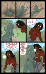  alien alien_girl before_and_after black_hair breasts comic dark_skin femdom femsub glowing glowing_eyes green_eyes green_skin hypnolion hypnotic_eyes hypnotic_light hypnotic_tentacle leggings lucy_(hypnolion) muscle_girl original shapeshifter sports_bra sportswear tentacles text tomu_(hypnolion) 