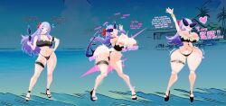  absurdres bare_legs beach bikini bikini_bottom bikini_top bow breast_expansion breasts cleavage dollification english_text female_only femsub hand_on_hip happy_trance heart high_heels huge_breasts knick_knack kodou_(cownon) large_breasts legs midriff navel original outdoors purple_hair resisting sequence smile sunglasses sunny_miami swimsuit symbol text transformation very_long_hair yaker-kina 