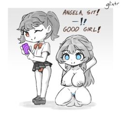  angela_(glixtr) arms_above_head blue_eyes border brown_eyes bulge censored chibi clothed empty_eyes erect_nipples eyebrows_visible_through_hair femboy femsub glixtr gradient_background happy_trance huge_breasts hypnotic_app large_breasts long_hair maledom nipples nude one_eye_open original pussy school_uniform shoes side_ponytail signature simple_background skirt smile spread_legs squatting taylor_(glixtr) upskirt wink 