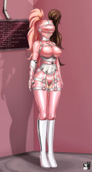  alternate_costume bodysuit bondage breasts brown_hair collar cosplay erect_nipples_under_clothes female_only femsub gimp_suit happy_trance high_heels knee-high_boots latex monitor neopolitan pink_hair progress_indicator prosthetic_limb rosvo rwby smile standing standing_at_attention tech_control text twintails very_long_hair visor yang_xiao_long zipper 