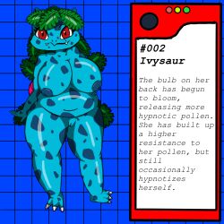  blue_skin chubby furry hypnoemall inverted_nipples ivysaur large_breasts nintendo pokemon pokemon_(creature) red_eyes scalie tagme text 