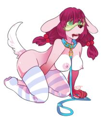 all_fours bottomless breasts collar dog_girl drool female_only femsub furry large_breasts leash long_hair masturbation nipples nude open_mouth original pink_hair red_hair riddinghood simple_background solo spiral_eyes symbol_in_eyes thighhighs topless twintails visor