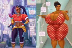 ass_expansion before_and_after bimbofication breast_expansion capcom cleavage dark_skin dialogue domestication dress earrings english_text female_only femsub housewife huge_breasts hyper_breasts hypnotic_audio kimberly_(street_fighter) long_nails pink_eyes red_lipstick saturnxart solo speech_bubble stepfordization street_fighter text thick_thighs wide_hips 