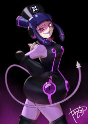  alternate_color_scheme alternate_costume black_background boots dress empty_eyes eyelashes eyeshadow fangs female_only femsub gloves gradient_background hat high_heels lipstick looking_at_viewer meddy.exe megaman_(series) megaman_battle_network nurse pink_eyes purple_hair purple_lipstick signature simple_background smile solo standing tail thigh_boots thighhighs visor yamimochi 