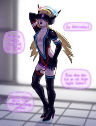 blonde_hair dialogue drool elesa exhibitionism expressionless female_only latex nintendo open_mouth pokemon posing sludgebin tech_control text vibrator visor