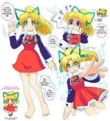  absurdres alternate_costume barefoot blonde_hair blue_eyes blush capcom chibi dazed dress earrings electricity empty_eyes english_text exposed_chest expressionless eye_color_change eyebrows_visible_through_hair feet female_only femsub green_eyes hair_ribbon heart jewelry long_hair looking_at_viewer megaman_(series) multiple_views ponytail red_dress retro_fighting_robot ribbon right_to_left robot robot_girl roll shoes simple_background speech_bubble spiral_eyes spiralwash_eyes symbol_in_eyes text white_background 