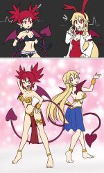  alternate_costume arms_above_head bare_legs barefoot before_and_after blonde_hair breasts bunny_ears cleavage cosplay crossover demon_girl disgaea earrings elf_ears etna feet female_only femsub flonne from_behind hand_on_hip harem_outfit heart heart_eyes jewelry looking_at_viewer looking_back mythkaz one_eye_open red_eyes red_hair shantae_(series) symbol symbol_in_eyes tagme tail wings wink 