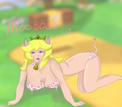  all_fours blonde_hair breasts confused cow_girl crown drool empty_eyes expressionless female_only femsub jewelry large_breasts looking_at_viewer nintendo princess princess_peach solo super_mario_bros. unaware verysleepy 