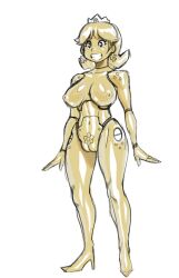aurification breasts crown empty_eyes female_only fembot femsub gold happy_trance jewelry large_breasts modeseven nintendo princess princess_daisy robotization smile solo super_mario_bros. tech_control white_background