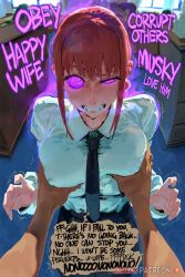  ai_art blush breast_grab breasts business_suit chainsaw_man embarrassed huge_breasts humiliation makima_(chainsaw_man) mind_break nipples office office_lady purple_eyes rabedo_(generator) red_hair resisting spiral spiral_eyes sweat symbol_in_eyes text tie yellow_eyes 