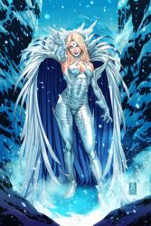  alternate_costume blonde_hair breasts cape cleavage comic corruption cover emma_frost enemy_conversion female_only gloves high_heels lipstick looking_at_viewer mark_brooks marvel_comics mister_sinister official signature solo super_hero symbol thighhighs western whitewash_eyes x-men 