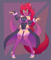  ahoge alternate_costume alternate_hairstyle anno_(anno) bare_shoulders barefoot blue_eyes bodysuit breasts clothed costume dancer dancing drone female_only femsub final_fantasy final_fantasy_xiv fox_ears fox_tail harem_outfit kitsune_girl large_breasts long_hair original ponytail rakuma-imp red_hair slit_pupils solo square_enix tail thighhighs thighs tight_clothing transformation veil 