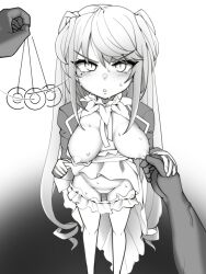 bangs blush breasts censored clothed_exposure coin collar desert_eagle_(girls_frontline) dress_lift erect_nipples femsub girls_frontline greyscale long_hair maledom miniskirt monochrome nipple_tweak nipples padark pendulum suit sweat twintails veins white_background