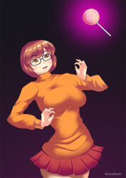breasts brown_hair female_only glasses glowing gradient_background hadant large_breasts scooby-doo_(series) short_hair short_skirt signature simple_background skirt solo spiral sweater velma_dinkley watermark