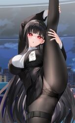  ass black_hair blue_archive blush breasts bugmenotencore_(manipper) cameltoe empty_eyes female_only femsub heart_eyes large_breasts long_hair manip mvv office_lady open_mouth panties pantyhose red_eyes rio_(blue_archive) skirt skirt_lift standing_split suit symbol_in_eyes 