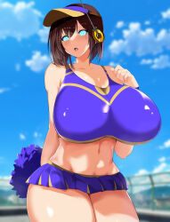 blush breasts brown_hair character_request cheerleader coin female_only femsub glowing glowing_eyes hat huge_breasts large_hips looking_at_viewer manip misterman4_(manipper) open_mouth original pendulum short_hair skirt spiral_eyes symbol_in_eyes tagme zonta