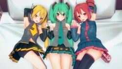  3d absurdres ahoge arm_warmers armpits arms_above_head bare_legs bare_shoulders bed blonde_hair blue_eyes blue_hair blush drill_hair empty_eyes female_only femsub hair_ornament happy_trance headphones holding_hands koikatsu! long_hair lying microphone miku_hatsune multiple_girls multiple_subs neru_akita on_back open_mouth panties pillow red_eyes red_hair shadow1333 short_skirt shorts side_ponytail skirt smile striped_panties tank_top teto_kasane thighhighs tie twintails underwear very_long_hair vocaloid yellow_eyes 
