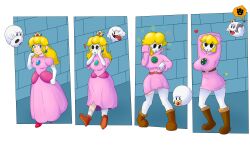 absurdres before_and_after blonde_hair boo boots breast_expansion breasts crown earrings femsub garter_straps ghost gloves heart hypnotic_accessory jewelry long_hair mask nintendo princess princess_peach sequence short_hair shyguy super_mario_bros. thighhighs transformation xxcloneyxx