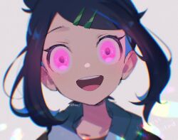 black_hair clothed coat female_only femsub glowing_eyes gures_l hair_clips happy_trance liko_(pokemon) looking_at_viewer nintendo open_mouth pokemon pokemon_(anime) purple_eyes simple_background smile solo