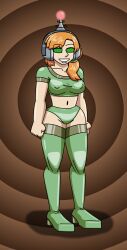 absurdres alex_(minecraft) antenna boots breasts erect_nipples female_only fembot femsub happy_trance headphones hypnotic_accessory large_breasts latex minecraft orange_hair red_hair robotization short_hair smile solo spiral_eyes supertechno324 symbol_in_eyes tech_control thigh_boots western