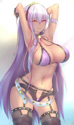 armpits bb_(fate/extra_ccc) blush breasts cleavage collar corruption earrings fate/extra fate_(series) femsub garter_belt glowing glowing_eyes heart_tattoo jewelry large_breasts licking long_hair looking_at_viewer midriff navel_piercing ni_crying purple_hair solo tattoo thighhighs tongue tongue_out