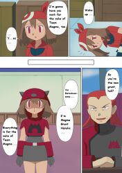 brown_hair comic empty_eyes expressionless femsub gloves long_hair maxie_(pokemon) may nintendo open_mouth pokemon pokemon_(anime) pokemon_(creature) red_eyes standing standing_at_attention team_magma team_magma_grunt text triggerrock