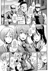  aware aya_kawai clipboard clothed collar dialogue dolls_(fan_no_hitori) english_text fan_no_hitori glasses gun hard_translated kaho_(dolls) long_hair multiple_boys multiple_girls rina_(dolls) scared short_hair text translated weapon 